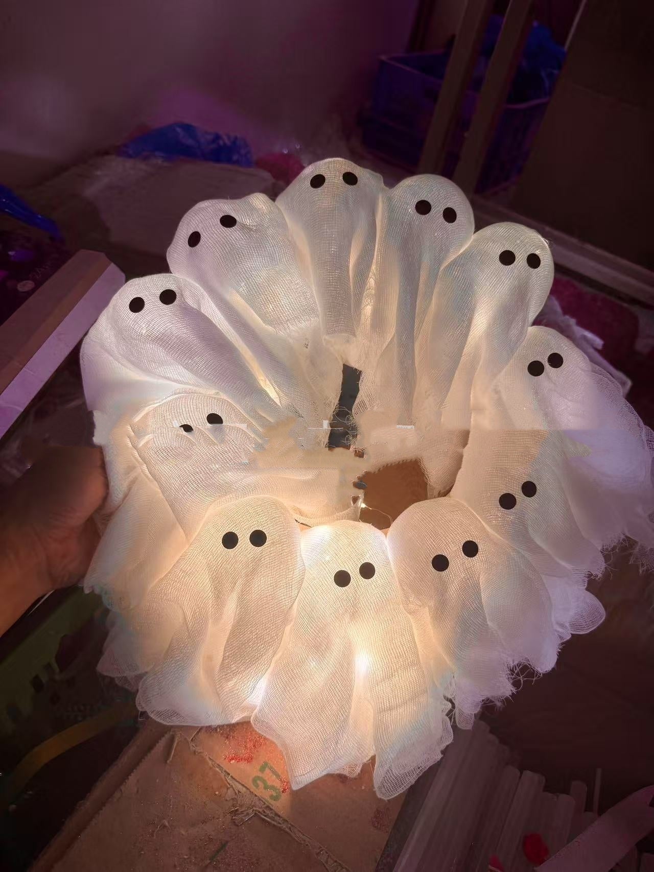 Halloween Ghost Wreath | Cute Door Sign & Glowing Holiday Decoration